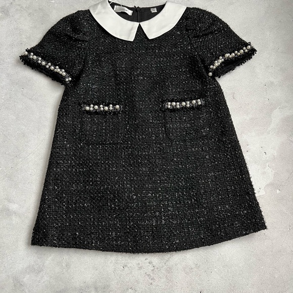Luxelim sz 4 Lucy Dress & matching bow black Tweed white pearl trim - Picture 7 of 10